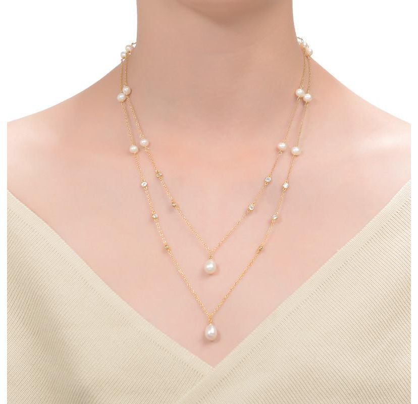 Lab Created Sterling Silver 14K Gold Plated with Freshwater Pearl Layered Necklace