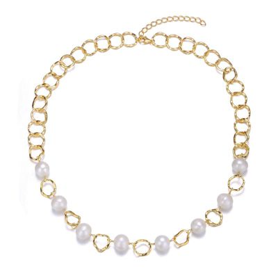 Rozzato Lab Created Sterling Silver 14K Gold Plated with White Genuine Freshwater Pearl & Cubic Zirconia Oval Link Necklace