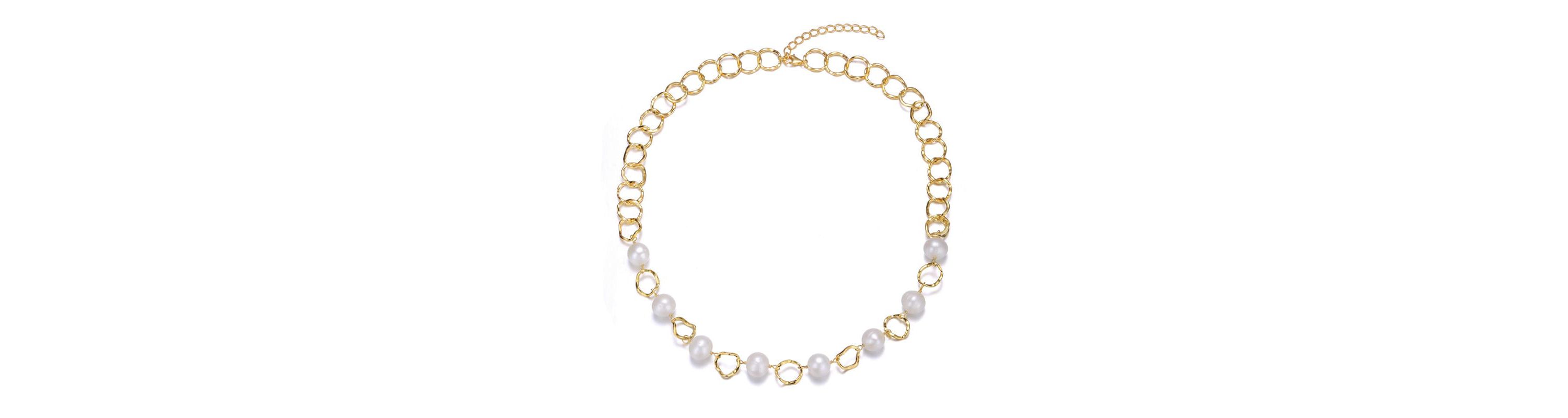 Lab Created Sterling Silver 14K Gold Plated with White Genuine Freshwater Pearl & Cubic Zirconia Oval Link Necklace