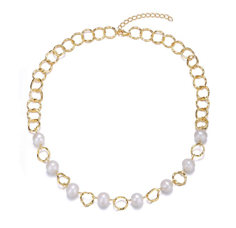 Lab Created Sterling Silver 14K Gold Plated with White Genuine Freshwater Pearl & Cubic Zirconia Oval Link Necklace