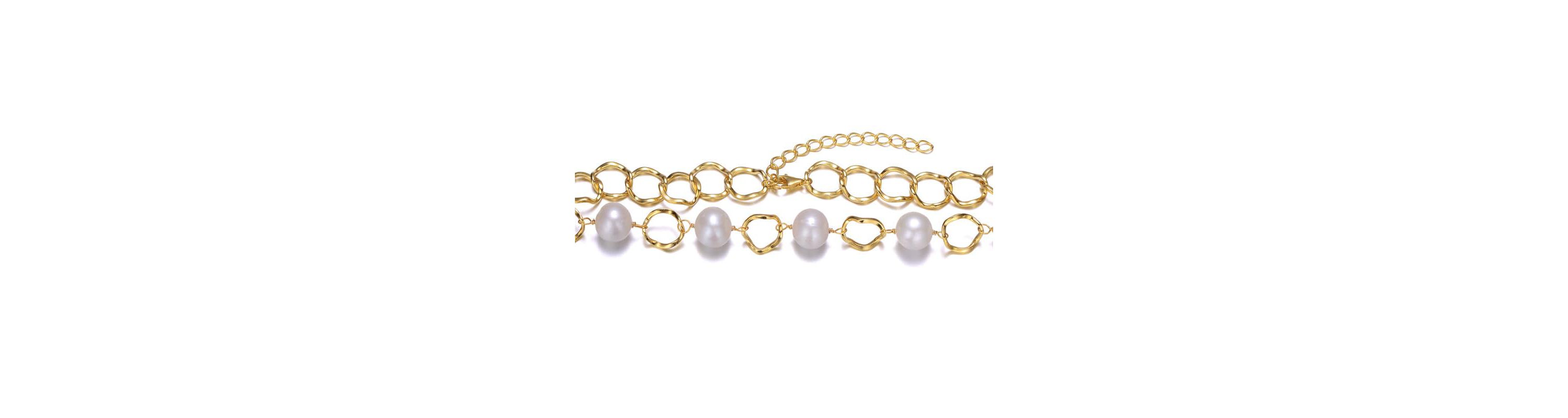 Lab Created Sterling Silver 14K Gold Plated with White Genuine Freshwater Pearl & Cubic Zirconia Oval Link Necklace