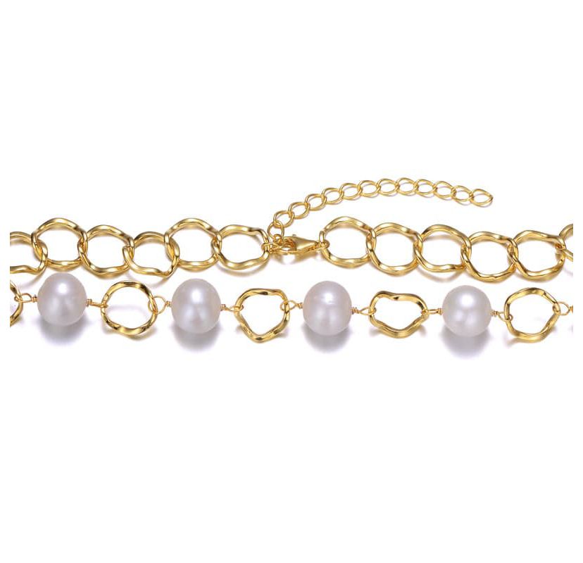 Lab Created Sterling Silver 14K Gold Plated with White Genuine Freshwater Pearl & Cubic Zirconia Oval Link Necklace