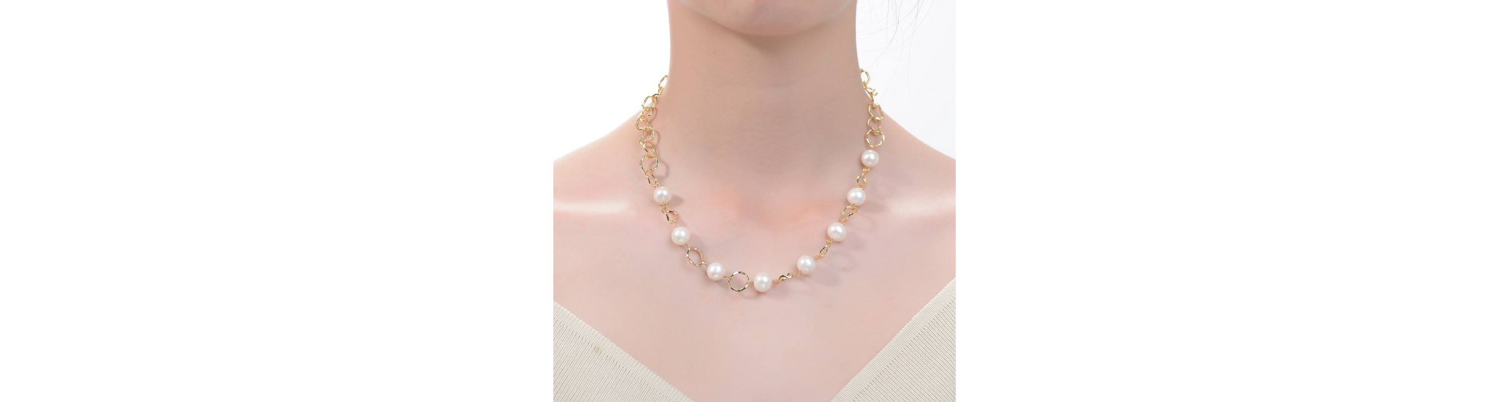Lab Created Sterling Silver 14K Gold Plated with White Genuine Freshwater Pearl & Cubic Zirconia Oval Link Necklace