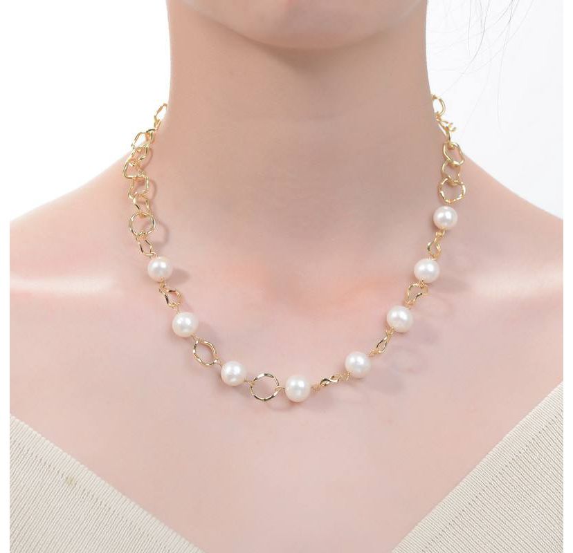 Lab Created Sterling Silver 14K Gold Plated with White Genuine Freshwater Pearl & Cubic Zirconia Oval Link Necklace