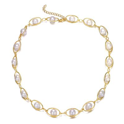 Rozzato Lab Created Sterling Silver 14K Gold Plated with White Genuine Freshwater Pearl & Cubic Zirconia Link Adjustable Necklace