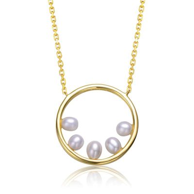 Rozzato Lab Created Sterling Silver 14K Gold Plated with White Freshwater Pearl Halo Eternity Circle Pendant Layering Necklace