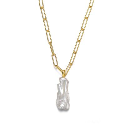 Rozzato Lab Created Sterling Silver 14K Gold Plated with Free-Form White Genuine Freshwater Pearl Pendant Cable Layering Necklace