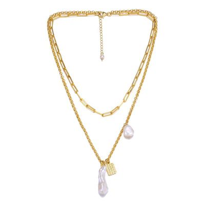 Rozzato Lab Created Sterling Silver 14K Gold Plated with White Genuine Freshwater Pearl Lobster Claw Layered Necklace