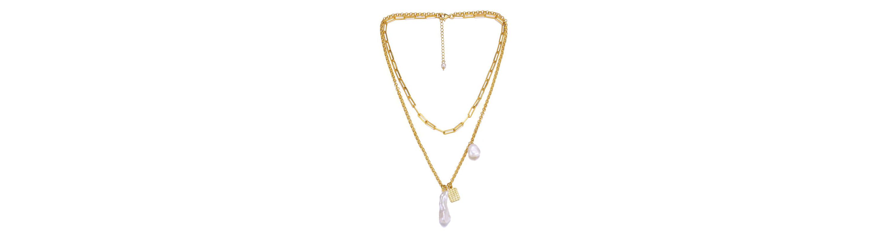Lab Created Sterling Silver 14K Gold Plated with White Genuine Freshwater Pearl Lobster Claw Layered Necklace