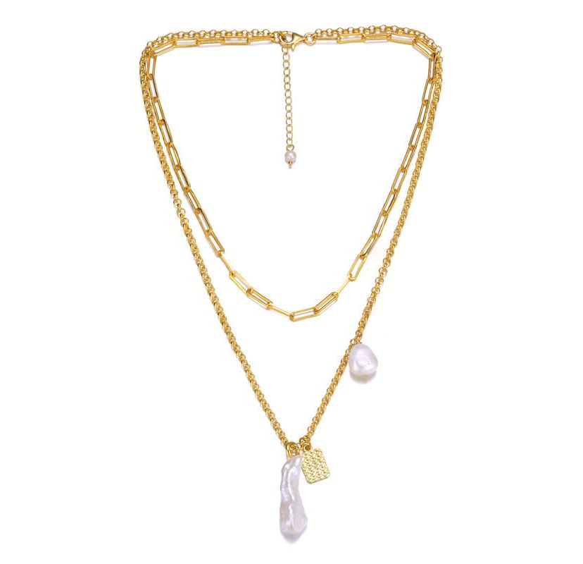 Lab Created Sterling Silver 14K Gold Plated with White Genuine Freshwater Pearl Lobster Claw Layered Necklace