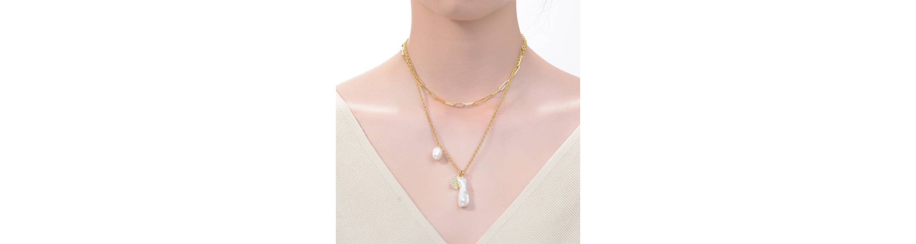Lab Created Sterling Silver 14K Gold Plated with White Genuine Freshwater Pearl Lobster Claw Layered Necklace