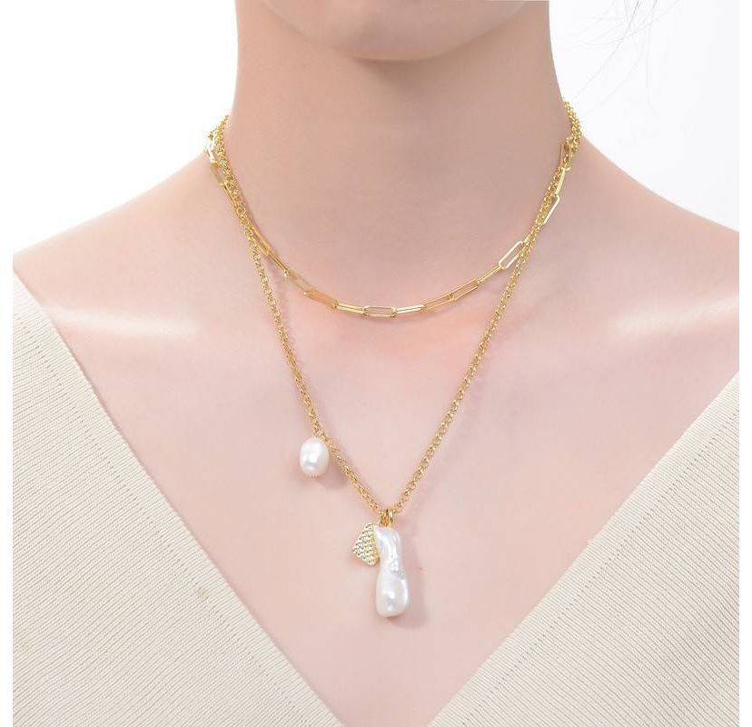 Lab Created Sterling Silver 14K Gold Plated with White Genuine Freshwater Pearl Lobster Claw Layered Necklace