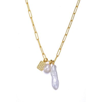 Rozzato Lab Created Sterling Silver 14K Gold Plated with White Genuine Freshwater Pearl & Cubic Zirconia Lobster Claw Link Necklace