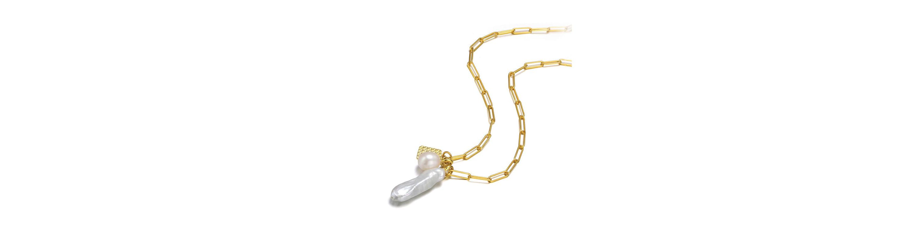Lab Created Sterling Silver 14K Gold Plated with White Genuine Freshwater Pearl & Cubic Zirconia Lobster Claw Link Necklace