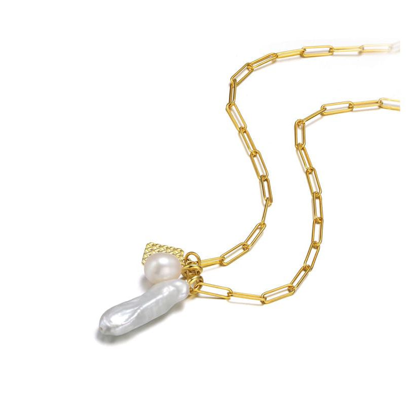 Lab Created Sterling Silver 14K Gold Plated with White Genuine Freshwater Pearl & Cubic Zirconia Lobster Claw Link Necklace