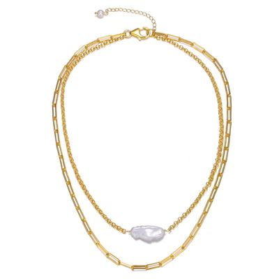 Rozzato Lab Created Sterling Silver 14K Gold Plated with White Genuine Freshwater Pearl Layered Necklace