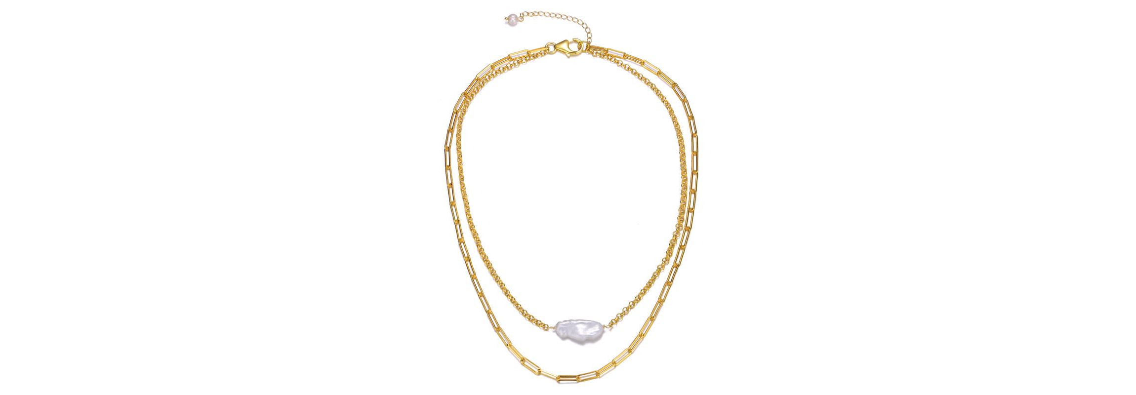 Lab Created Sterling Silver 14K Gold Plated with White Genuine Freshwater Pearl Layered Necklace