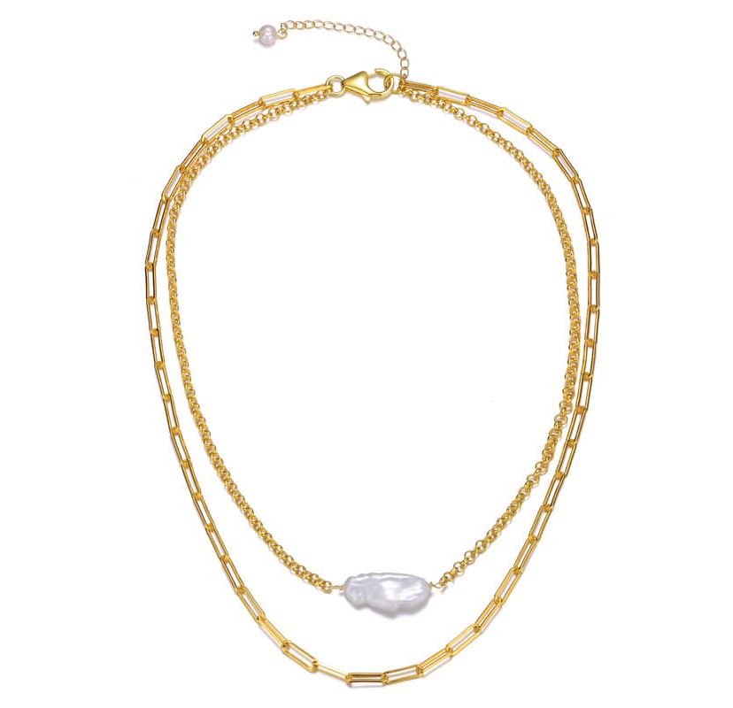 Lab Created Sterling Silver 14K Gold Plated with White Genuine Freshwater Pearl Layered Necklace