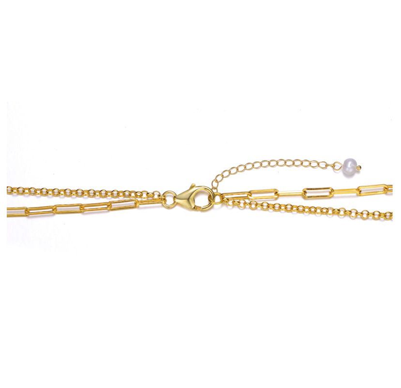 Lab Created Sterling Silver 14K Gold Plated with White Genuine Freshwater Pearl Layered Necklace