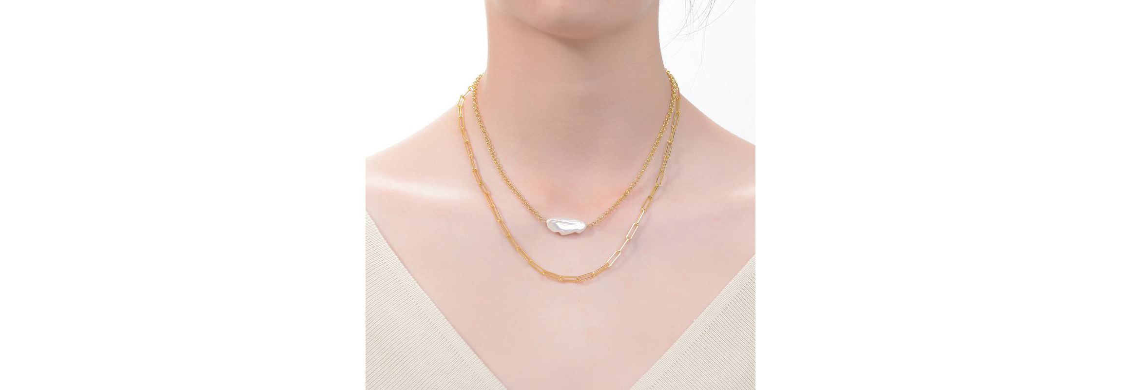 Lab Created Sterling Silver 14K Gold Plated with White Genuine Freshwater Pearl Layered Necklace