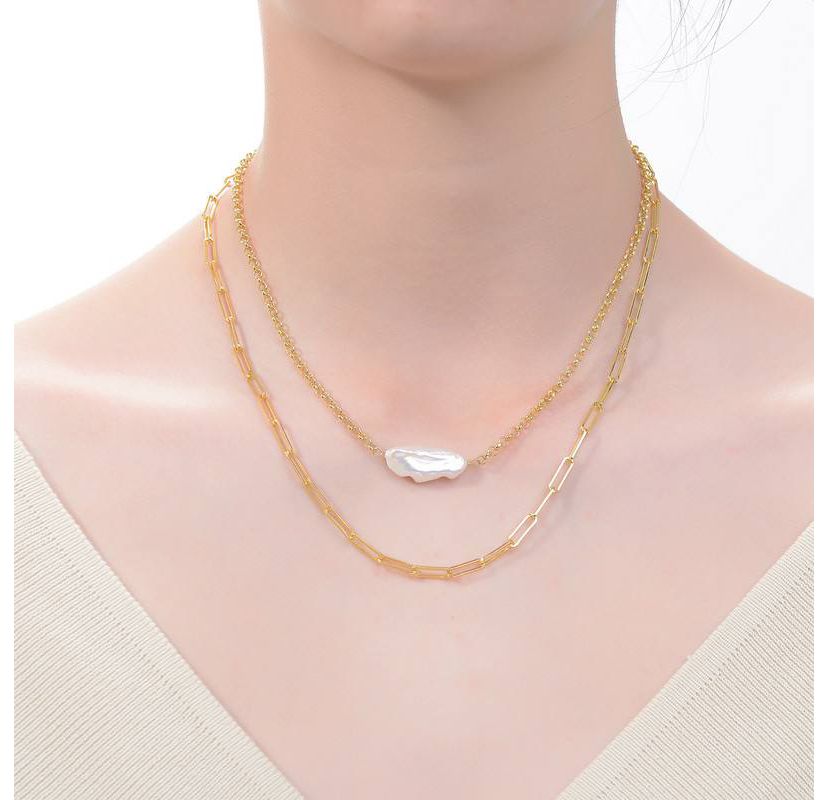 Lab Created Sterling Silver 14K Gold Plated with White Genuine Freshwater Pearl Layered Necklace