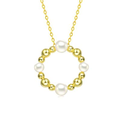 Rozzato Lab Created Sterling Silver 14K Gold Plated with White 4-5MM Fresh Water Pearl Round Pendant Necklace