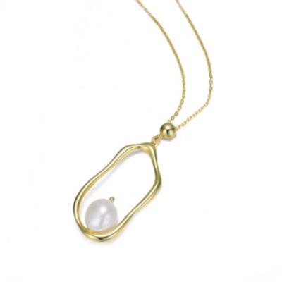 Rozzato Lab Created Sterling Silver 14K Gold Plating with White Genuine Freshwater Pearl Halo Necklace