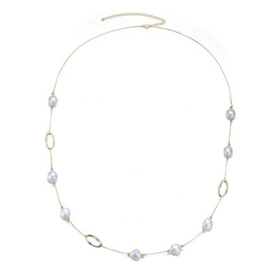 Rozzato Lab Created Sterling Silver 14K Gold Plating with White Genuine Freshwater Pearl Station Necklace