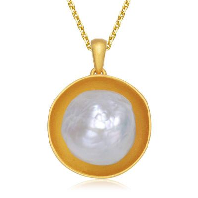 Rozzato Lab Created Sterling Silver 14K Gold Plated with White Genuine Freshwater Pearl Pendant Necklace