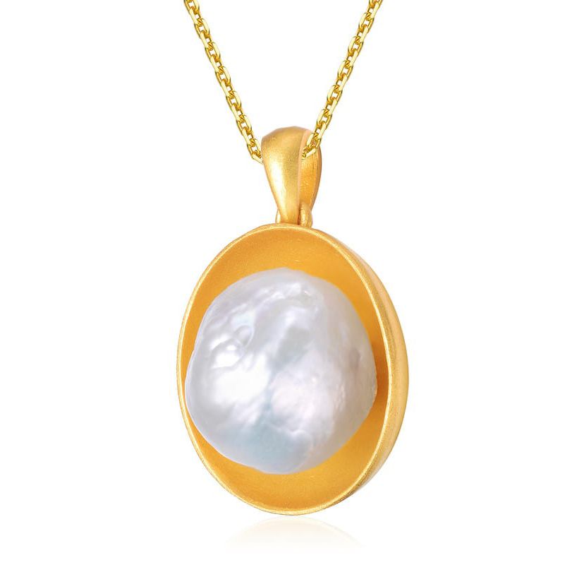Lab Created Sterling Silver 14K Gold Plated with White Genuine Freshwater Pearl Pendant Necklace