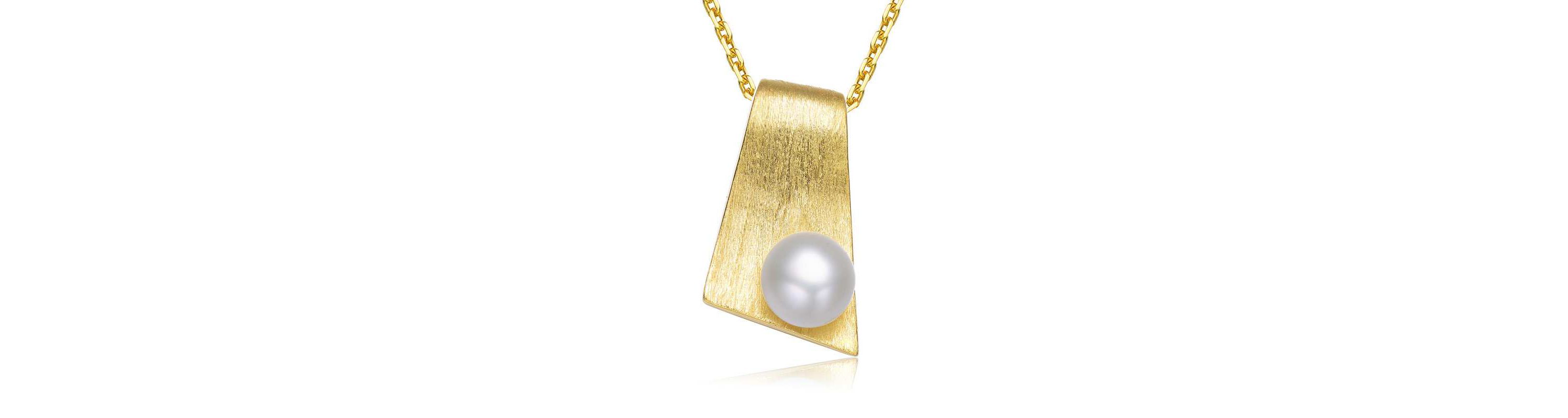 Lab Created Sterling Silver 14K Gold Plated with White Genuine Freshwater Pearl Rectangle Pendant Necklace