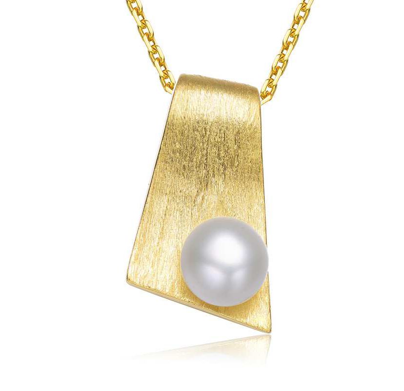 Lab Created Sterling Silver 14K Gold Plated with White Genuine Freshwater Pearl Rectangle Pendant Necklace