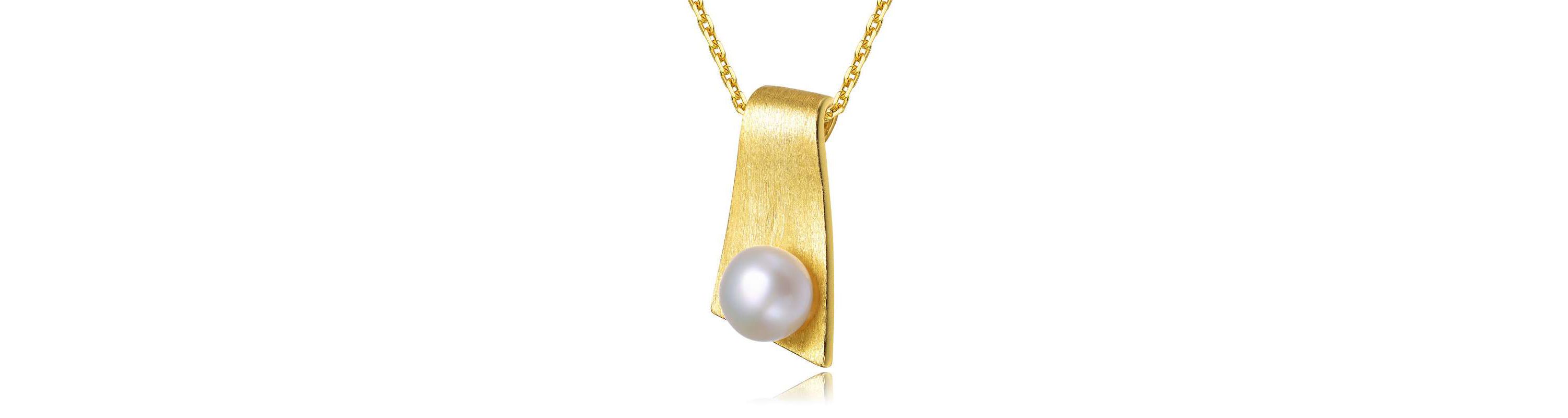 Lab Created Sterling Silver 14K Gold Plated with White Genuine Freshwater Pearl Rectangle Pendant Necklace