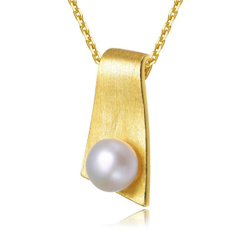Lab Created Sterling Silver 14K Gold Plated with White Genuine Freshwater Pearl Rectangle Pendant Necklace