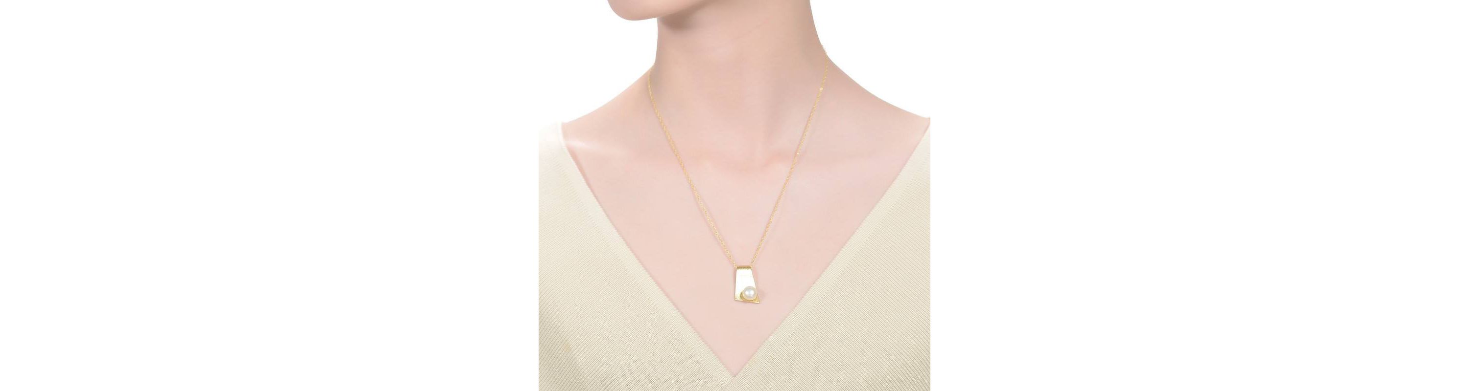 Lab Created Sterling Silver 14K Gold Plated with White Genuine Freshwater Pearl Rectangle Pendant Necklace
