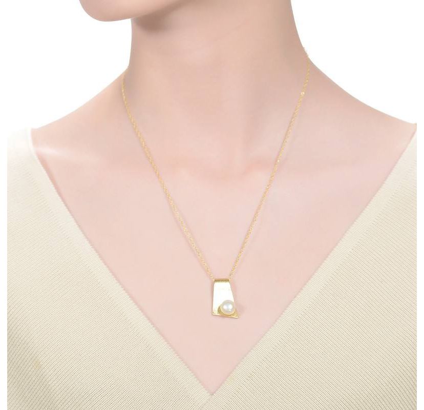Lab Created Sterling Silver 14K Gold Plated with White Genuine Freshwater Pearl Rectangle Pendant Necklace