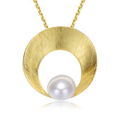 Rozzato Lab Created Sterling Silver 14K Gold Plated with White Genuine Freshwater Pearl Round Pendant Necklace