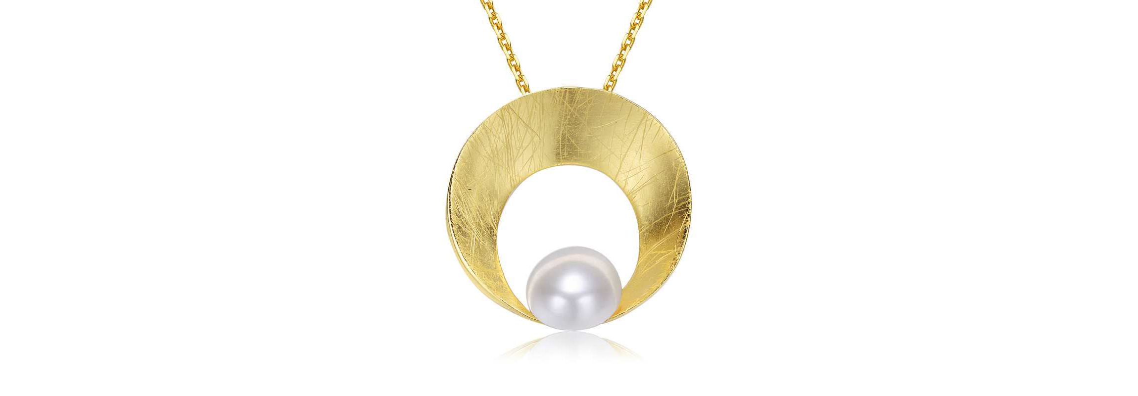Lab Created Sterling Silver 14K Gold Plated with White Genuine Freshwater Pearl Round Pendant Necklace