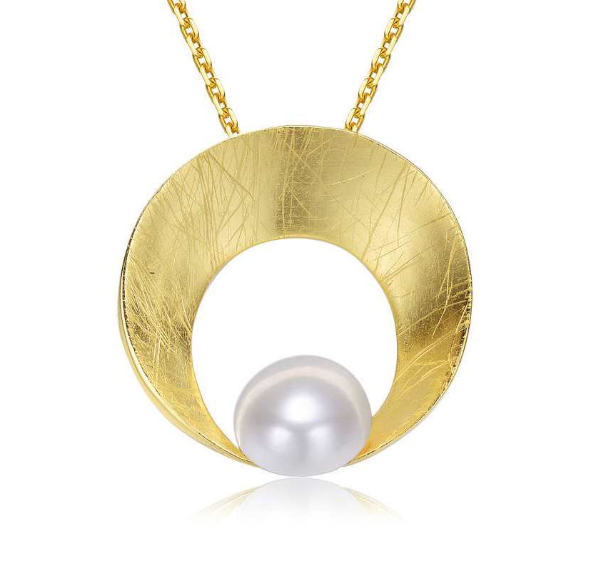 Lab Created Sterling Silver 14K Gold Plated with White Genuine Freshwater Pearl Round Pendant Necklace