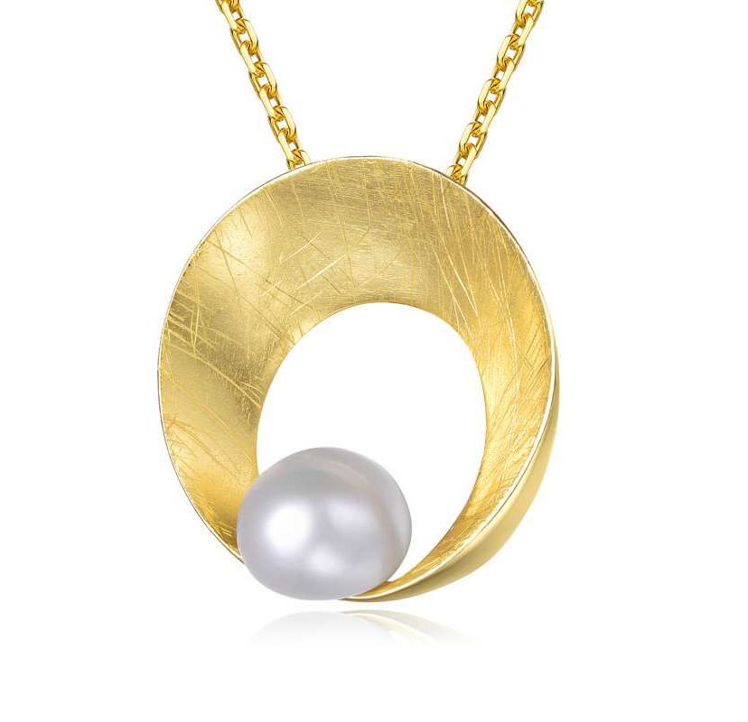 Lab Created Sterling Silver 14K Gold Plated with White Genuine Freshwater Pearl Round Pendant Necklace