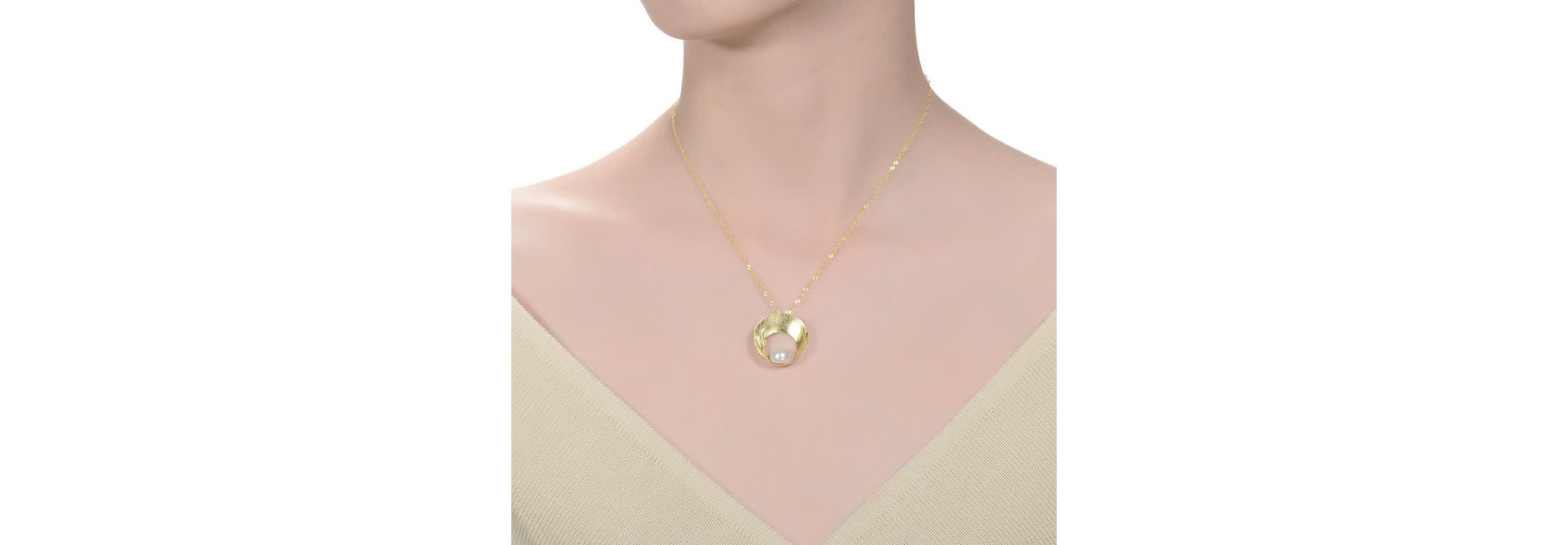 Lab Created Sterling Silver 14K Gold Plated with White Genuine Freshwater Pearl Round Pendant Necklace