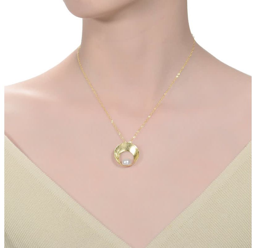 Lab Created Sterling Silver 14K Gold Plated with White Genuine Freshwater Pearl Round Pendant Necklace