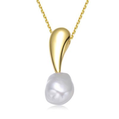 Rozzato Lab Created Sterling Silver 14K Gold Plated with White Genuine Freshwater Pearl Drop Pendant Necklace