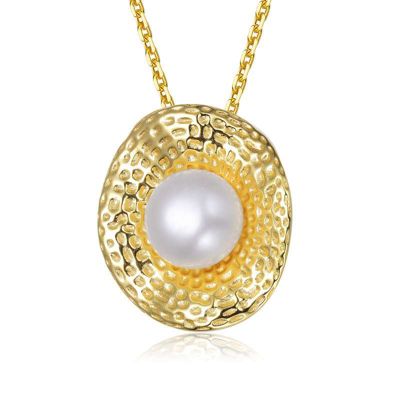 Rozzato Lab Created Sterling Silver 14K Gold Plated with Genuine Freshwater Pearl Hammered Pendant Necklace