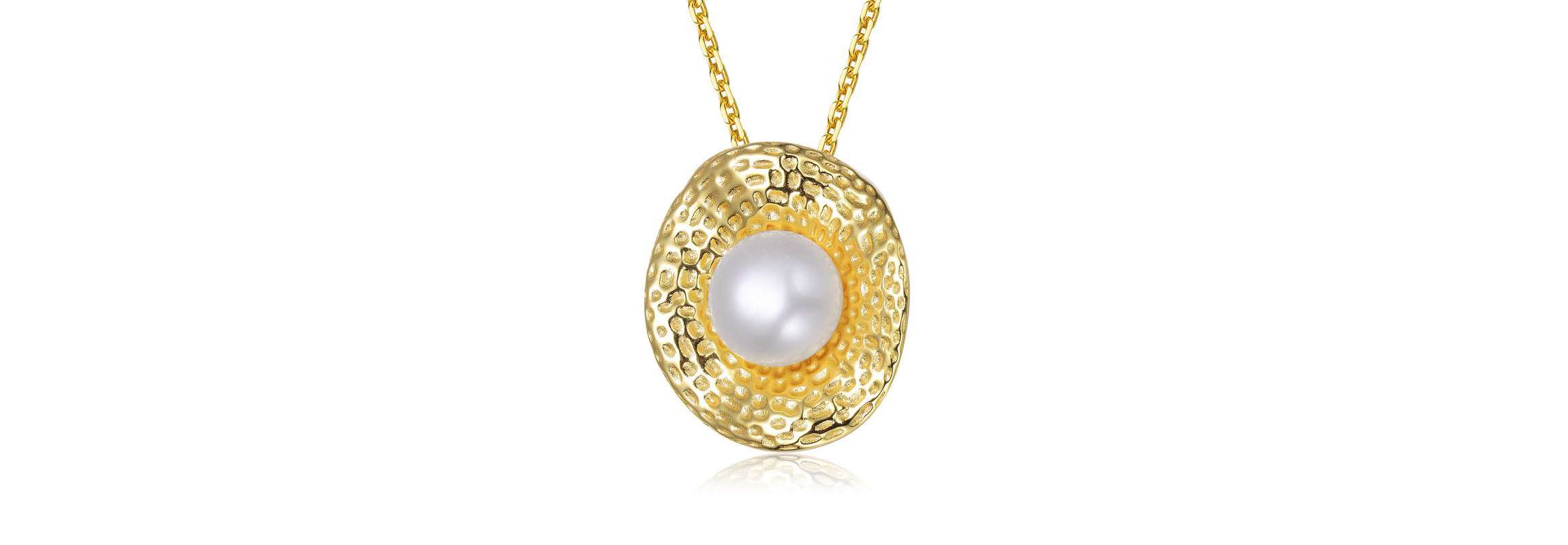 Lab Created Sterling Silver 14K Gold Plated with Genuine Freshwater Pearl Hammered Pendant Necklace
