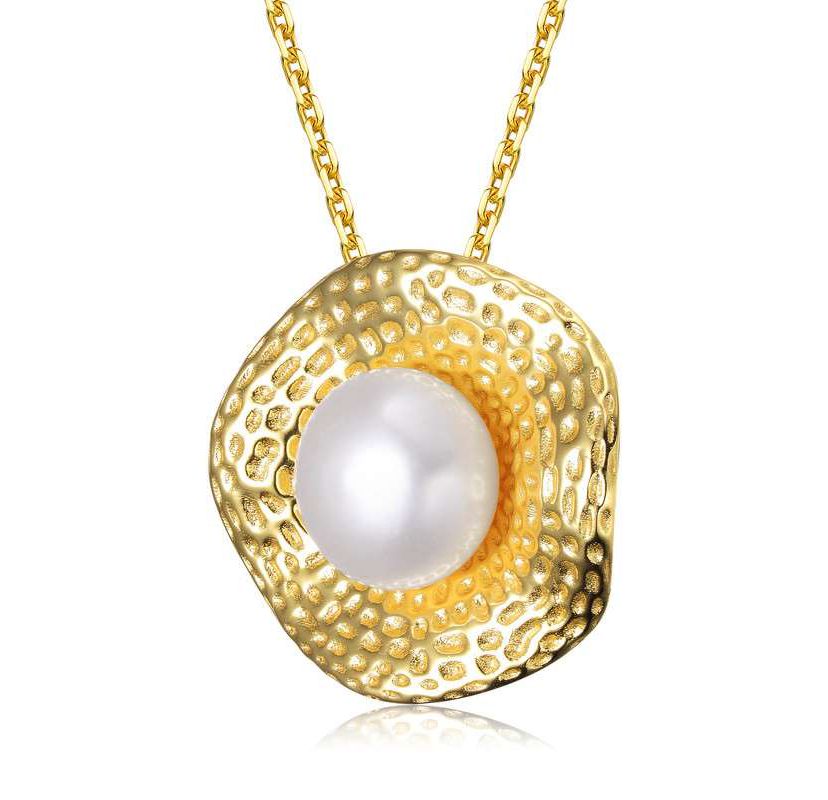 Lab Created Sterling Silver 14K Gold Plated with Genuine Freshwater Pearl Hammered Pendant Necklace