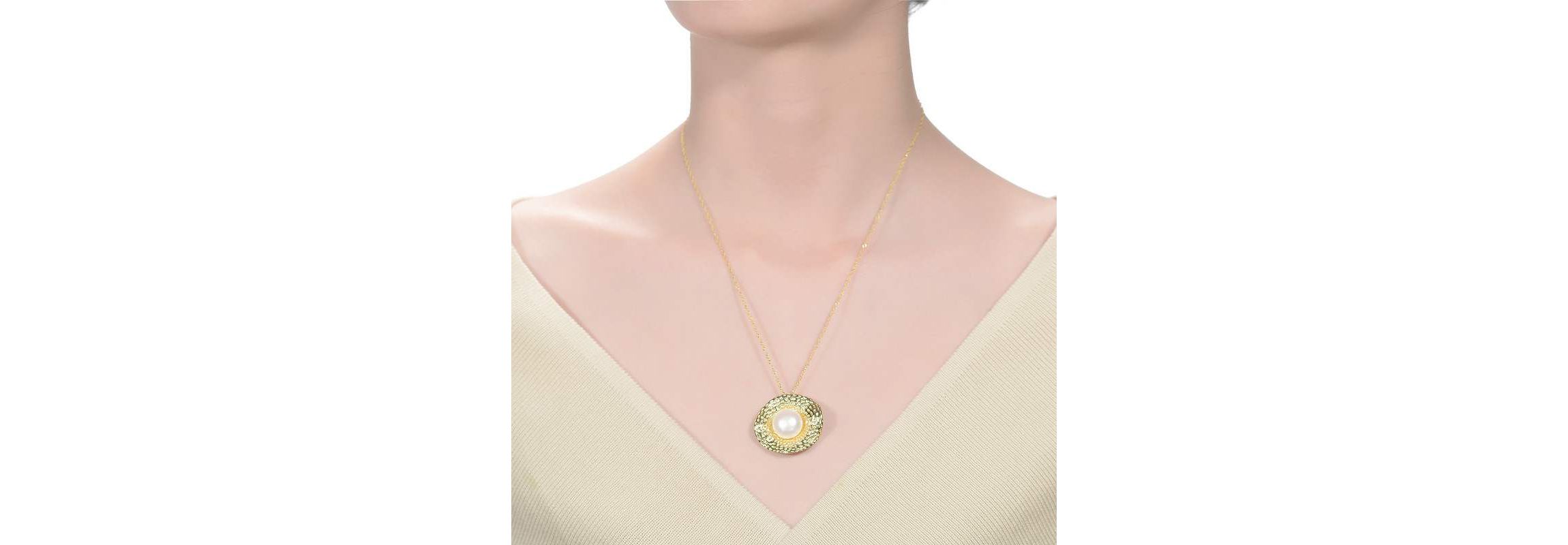 Lab Created Sterling Silver 14K Gold Plated with Genuine Freshwater Pearl Hammered Pendant Necklace
