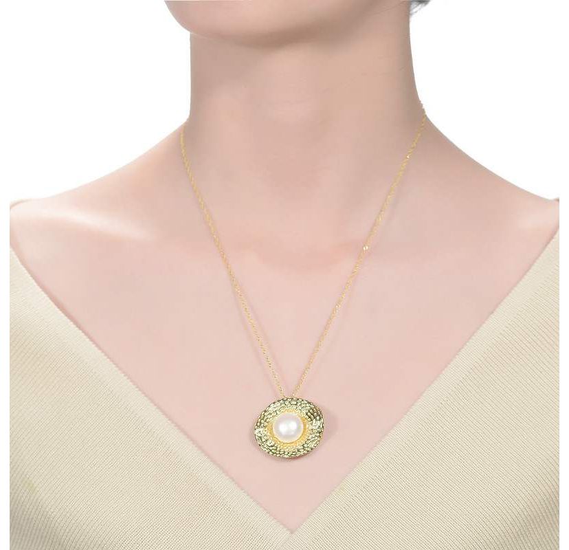 Lab Created Sterling Silver 14K Gold Plated with Genuine Freshwater Pearl Hammered Pendant Necklace