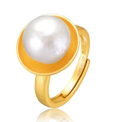 Lab Created Rozzato Sterling Silver 14K Gold Plated with Genuine Freshwater Pearl Adjustable Ring