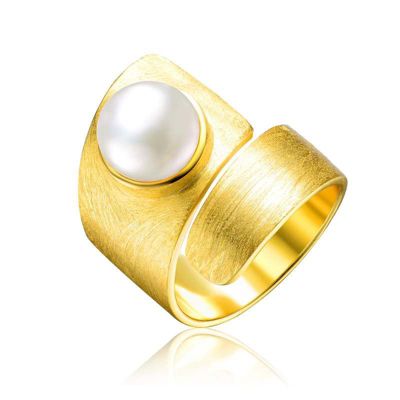 Lab Created Rozzato Sterling Silver 14K Gold Plated with Genuine Freshwater Pearl Modern Ring